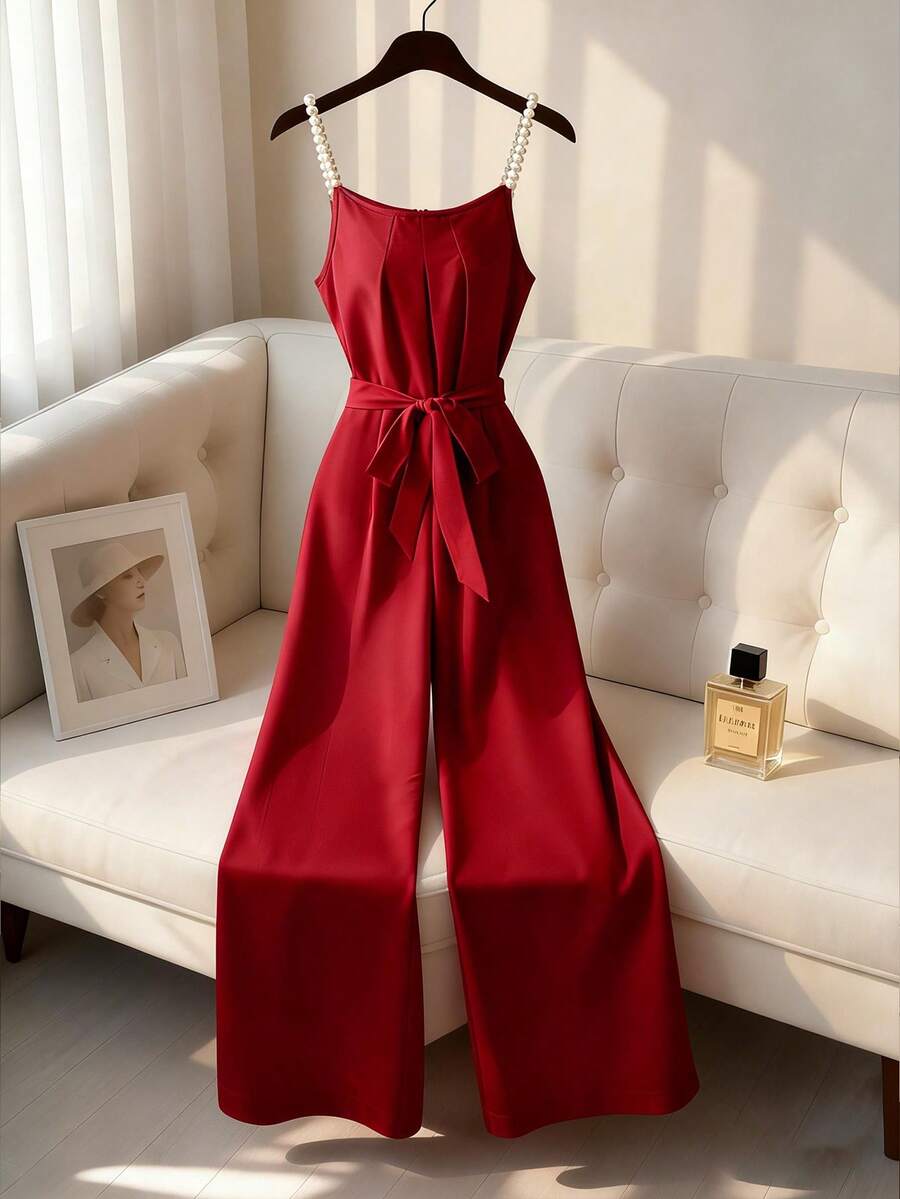 Franclia 女士优雅红色珍珠吊带系腰阔腿连体裤，春夏款 - 紅色 - 查看 1
