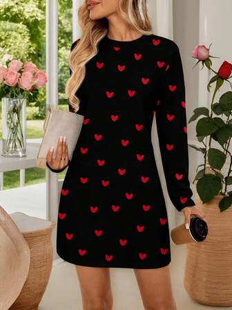 EMERY ROSE Women's Heart-Shaped Valentine's Day Mini Dress, Autumn Fashion, Party Dress, Casual Dress, Elegant Autumn Dress, Black Dress, Graceful Long Sleeve Dress, Short Party Dress, Occasion Wear, Graduation Dress, Fashionable Dress,Valentine's Day ,Valentine Outfits For Women,Valentines Day Dress Spring