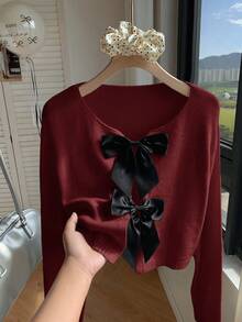 Comfortcana Plus Size Crew Neck Bow Contrast Color Casual Cardigan, Autumn/Winter