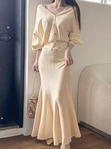 DAZY 两件套女士秋冬修身高腰鱼尾裙和宽松针织衫套装 - 米色 - 查看 3