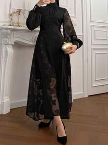 DAZY Women's Textured Fabric Loose Fit Dress With Mandarin Collar - Black - View 5