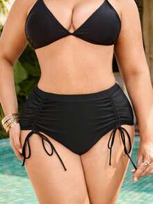 Swim Lushoire Plus Size Women's Solid Color Drawstring Sexy Vacation Party Bikini Bottom - Black - View 1