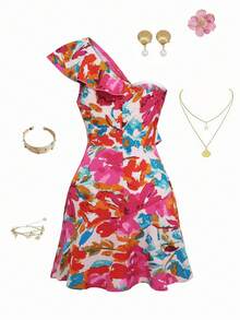 Olithes Women Elegant Floral Printed Ruffle Hem Dress For Vacation Vacation Beach Outfit - Hot Pink - View 2