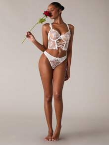 SHEIN BAE 2pcs Women Sexy Floral Embroidered Sheer Mesh Lingerie Set For Going Out - White - View 4