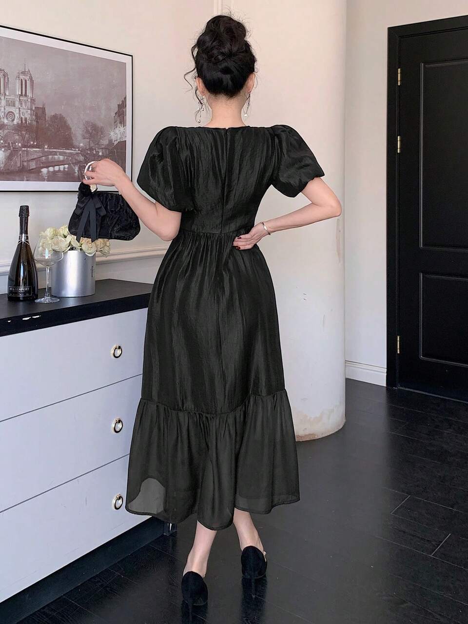 Women's Elegant Solid Color Round Neck Beaded Puff Sleeve Dress, Summer Maxi Dress Sundress