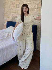 Dazy Plus 大码女式可爱蝴蝶结印花宽松短袖上衣和直筒裤睡衣套装，春、夏、秋季时尚睡衣 - 杏色 - 查看 4