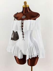 Amplova 浪漫度假风露肩褶皱腰身A字连体裤（女款） - 白色 - 查看 3