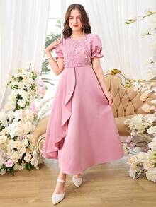 Vestido con mangas cortas y bordado de lentejuelas para adolescentes, adecuado para citas y ocasiones formales - Rosa - Ver 5