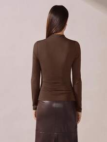 BizChic Women's Brown Straight Collar Ruched Front Mesh Fabric Blouse, Suitable For Urban Commute, Office, Business Casual, Party, Formal Occasions, Summer Dark Brown Top