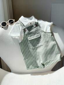 SHEIN 2件套男/女婴舒适休闲百搭可爱白色短袖衬衫和条纹背带短裤连体衣套装，适合室内、室外、日常、运动、玩耍、派对、拍照、度假，春夏皆宜。 - 綠色 - 查看 7