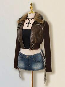 SHEIN ICON Damjacka med tryckknappar och PU-mönster och fuskpäls - Brun - Visa 5