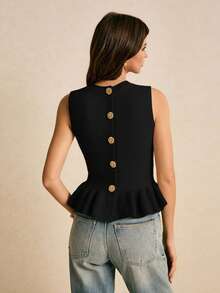 Poéselle Chaleco de punto con botones, volantes y estampado floral de unicolor para mujer - Negro - Ver 3