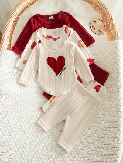 SHEIN 6pcs/Set Baby Girls Autumn New 2025 Newborn Outfit, Heart Print & Solid Color Round Neck Long Sleeve Top With Snap Shoulder, Curved Hem, Casual Long Pants, 3 Cute & Simple Fashion Suits