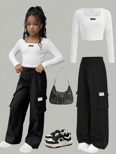 SHEIN Tween Girl Casual Knit Crew Neck Long Sleeve Top With Oversized Utility Pockets And Relaxed Fit Pants Set, Weekend Casual Outing, Mommy And Me Matching Outfits