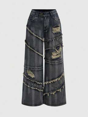 Grunge Punk Y2K Punk Rivet Decor Distressed Vintage Washed Wide Leg Jeans