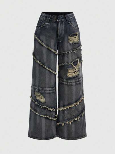 Grunge Punk Y2K Punk Nieten Dekor Vintage verwaschen Weite Bein Jeans