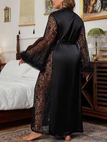 Slumberist Plus Size Faux Silk & Contrast Lace Bell Sleeve Bathrobe, Fall, Winter - Black - View 2