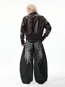 ROMWE MEN Street Life 男士翅膀印花做旧直筒牛仔裤 - 黑色 - 查看 3