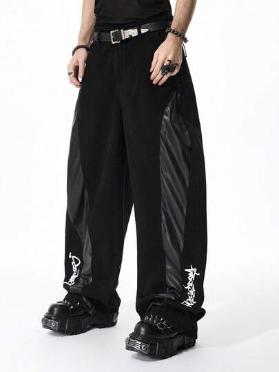 Goth Men's Patchwork Leather Pocket Loose Relaxed Flared Jeans