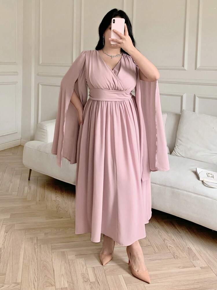 Dazy Plus Valentine Chiffon V-Neck Waist Slimming Elegant Dress With Slit Long Sleeve, Plus Size, Pink/Purple, Suitable For Dates Sundress