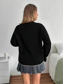 SHEIN Black Lightweight Knit Cardigan With Contrast Trim And 3D Flower Buttons Elegant Chic Long Sleeve Sweater Spring Outfit - Black - View 2