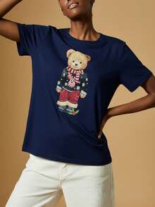 Briarwyn Casual Women's Navy Blue Short Sleeve Round Neck T-Shirt Featuring A Festive Bear Print - Navy Blue - View 2