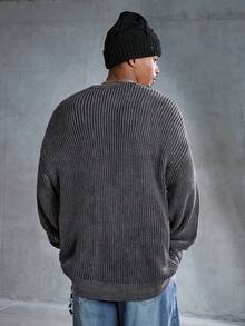 ROMWE MEN Men's Casual Washed Drop Shoulder Loose Knit Sweater, Autumn/Winter - Grey - View 3