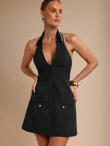 COSMINA Women's Elegant V-Neck Cinched Waist Mini Dress, Spring/Summer Black Pinstripe Dress, Black Dress Summer, Black Vacation Dress Deep V Neck Dress - Black - View 4