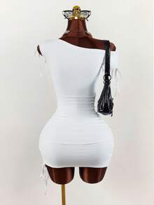 Amplova 2026 New Solid White Comfortable Asymmetric Ruched Bodycon Mini Dress For Women - White - View 8