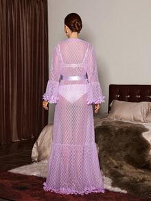 Slumberist 3D Floral Decor Jacquard Mesh Extra Long Women Robe Purple Night Gown Mesh Robe - Lilac Purple - View 2