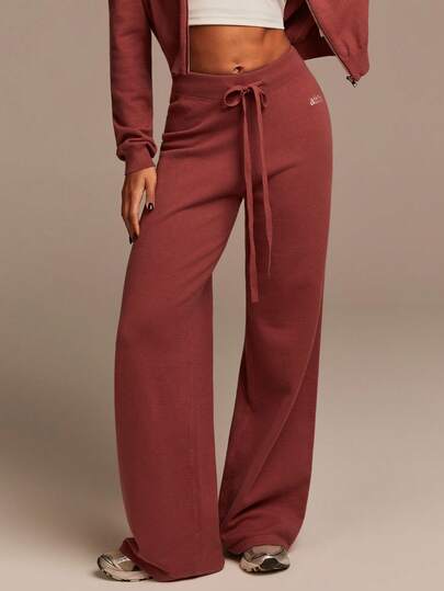 Athîral Pantalones casuales rectos y sueltos de punto con cordón en la cintura y bordado de letras para mujer