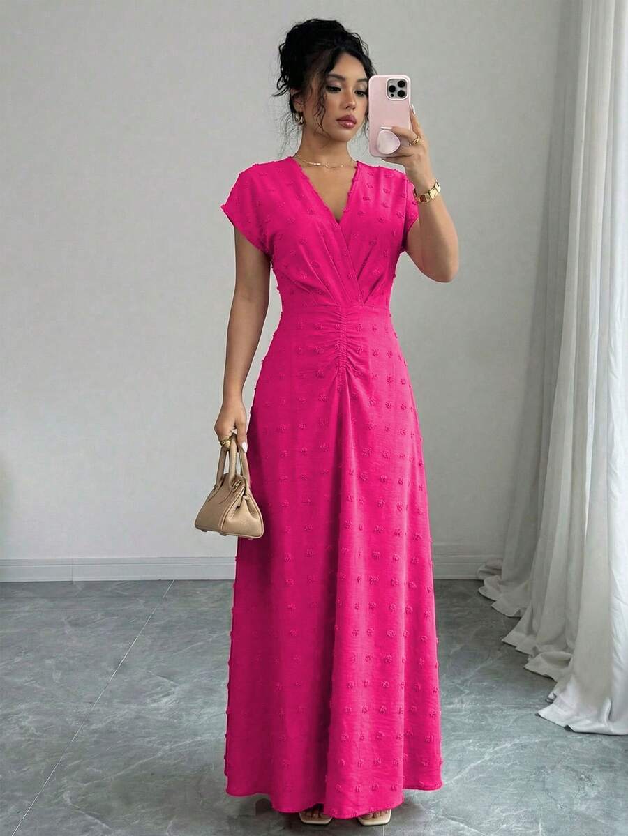 SHEIN Elenzya Vestido elegante de cuello en V con cintura recogida y línea A para mujeres, hecho de tela refinada - Rosa Fucsia - Ver 1