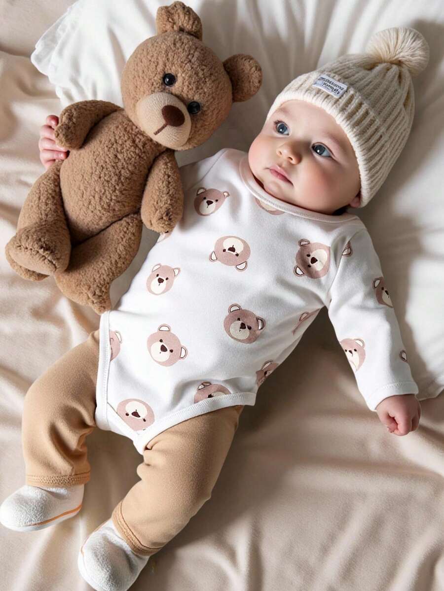 Cozy Pixies 3件套婴儿男女童卡通熊图案柔软针织圆领长袖连体衣、松紧腰裤、帽子,高弹力多件套 - 卡其色 - 查看 1
