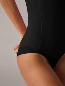 SHEIN BAE Women's Black High Stretch Body Slimming Shapewear Bodysuit With Contrast Mesh Detail