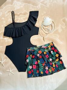 SHEIN 2件套少女荷叶边连体泳衣/热带印花裙 - 黑色 - 查看 2