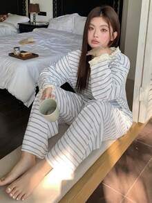 Dazy Plus Fashionable Striped Contrast Lace Loose Casual Pajama Set, Includes Top And Pants, Suitable For Spring And Autumn - Grey - View 2