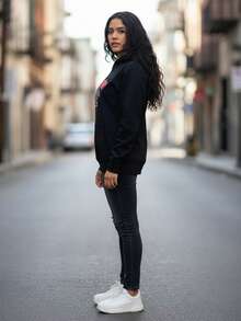 Mujer casual sudadera oversize mezcla urbano estampado gráfico color sólido bolsillo capucha manga larga otoño invierno uso diario sudadera - Negro - Ver 2