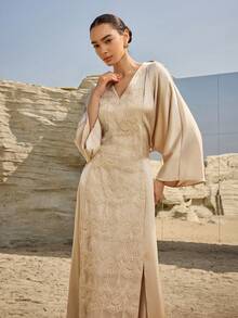 Al Najma Women's V-Neck Pleated Floral Embroidery Pattern Elegant Party Arabic Dress - Apricot - View 6
