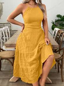 SHEIN Clasi Damen Große Größen einfarbiges rückenfreies Rüschen-Saum Urlaubs-Neckholder-Kleid - Gelb - Übersicht 7
