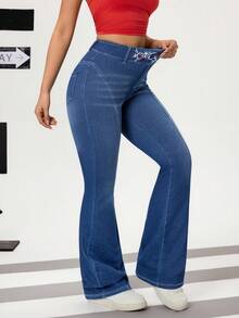 Flexra Women's Casual Washed Floral Embroidered Flare Jeans - Dark Wash - View 5