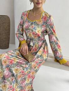 Yasmyna Women's Spring Elegant Floral Print Sweetheart Neck Belted Dress, Vacation Style - Multicolor - View 2