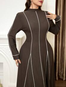 Veilorie Damen Lässig Kleid in Große Größen mit Stehkragen, Langarm und Taillenzug - Kaffeebraun - Übersicht 4