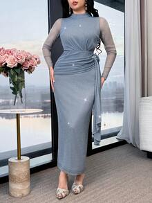 Feyla New Pleated Design Elegant Floral Ruffle Romantic Party Dress - Blue - View 5