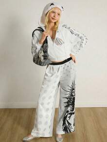 Shutterstock Y2Kool 女士白色和灰色Y2K风格波点渐变色块人像和心形剑印花休闲裤，阔腿裤，夏季音乐会女装，春季生日派对女装，嘉年华女装 - 彩色 - 查看 4