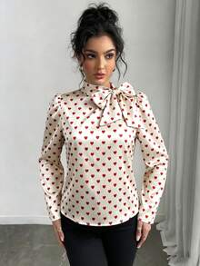 Rafferiza Áo kiểu nữ tay dài thanh lịch in hình trái tim, cổ buộc nơ, có khóa cài. - Nhiều màu - Xem 5