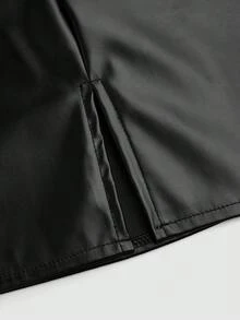 Sweetra 大码开衩褶皱PU皮A字迷你裙，修身显瘦 - 黑色 - 查看 5