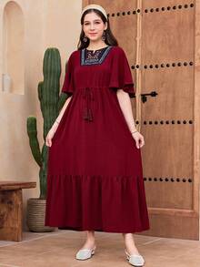 SHEIN Teen Girl Elegant Round Neck Ruffle Sleeve Pattern Patchwork Solid Color Dress - Red - View 3