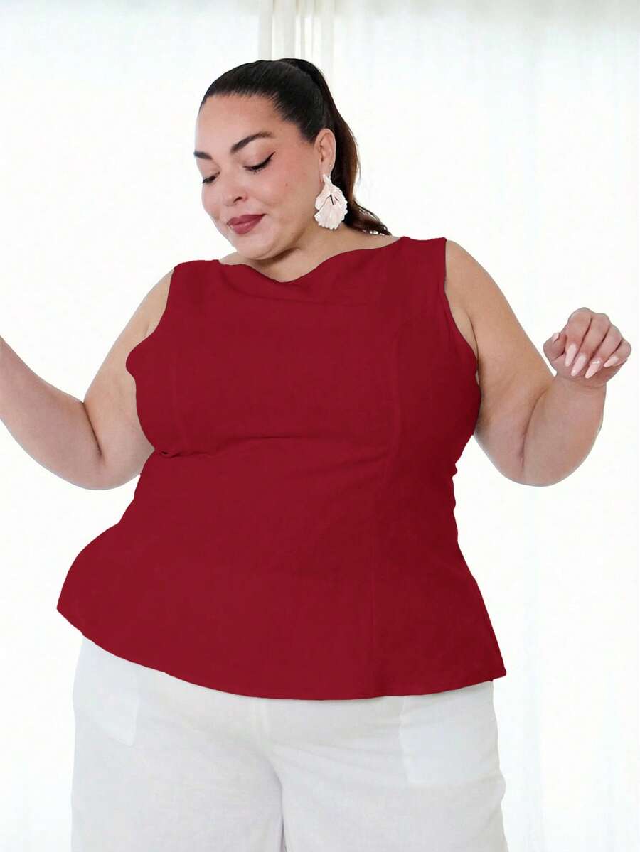 Pretty and Ole Blusa Regata Feminina Plus Size de Cor Sólida com Amarração na Cintura e Costas Abertas - Vinho - Visão 1