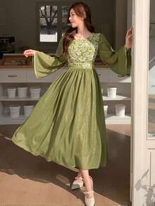 DAZY 女士优雅拼接喇叭袖连衣裙，春夏复活节吊带裙 - 綠色 - 查看 7