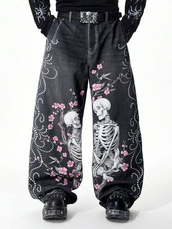 Street Life Men's Digital Print Skull & Sakura Flower Samurai Sword Graphic Jeans